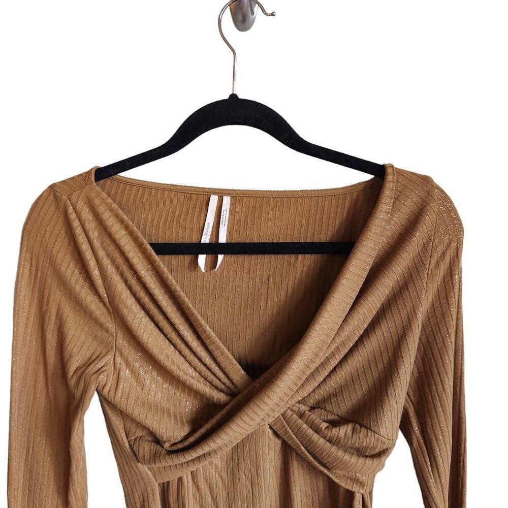 Anthropologie Shirt Small Moss Brown Twist-Front Shimmer Top V Neck Long Sleeve - Picture 2 of 7